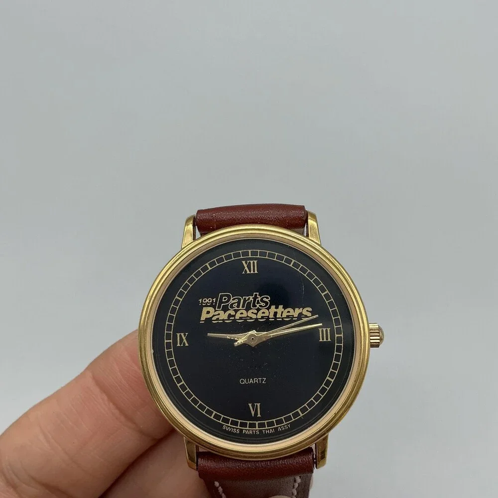 Vintage Parts Pacesetters Mens Watch 32mm Black Logo Dial Leather New Battery